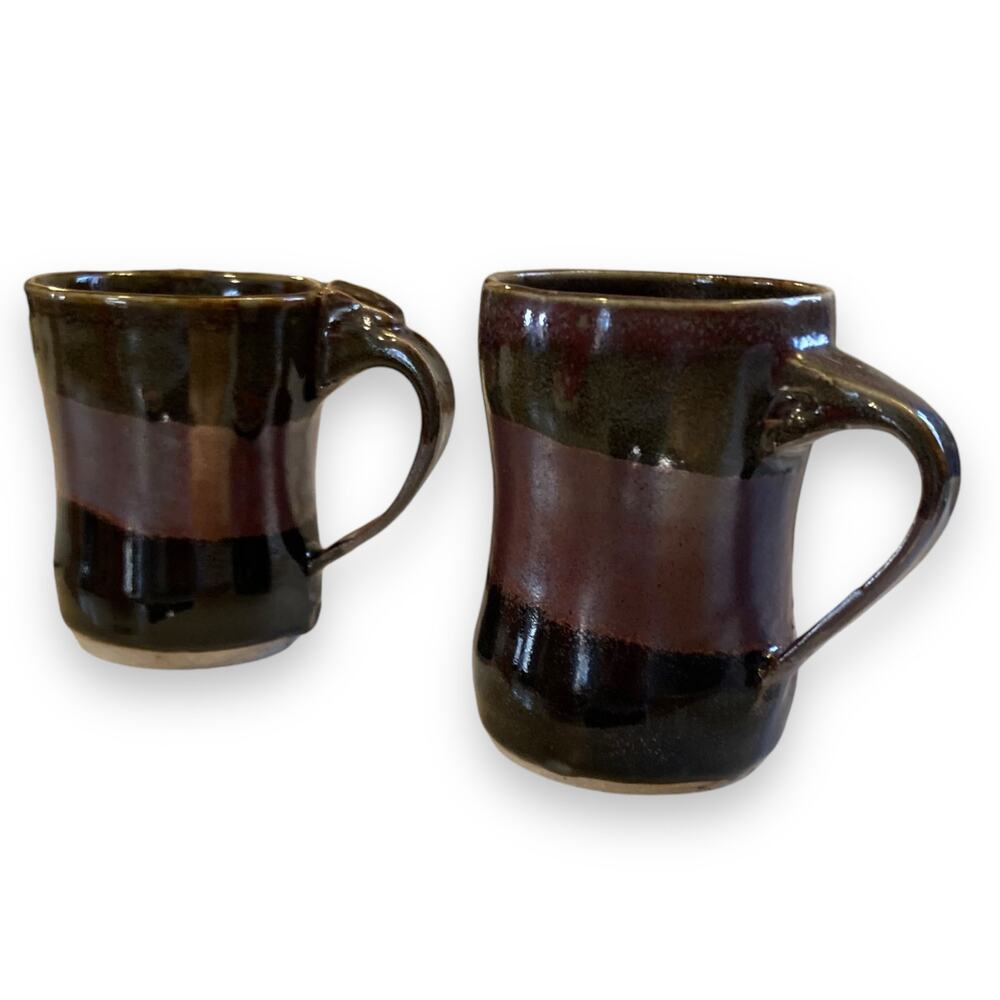 Pair of Unique Handmade Brown Maroon Iridescent Glazed Coffee Tea Mugs Crunchy